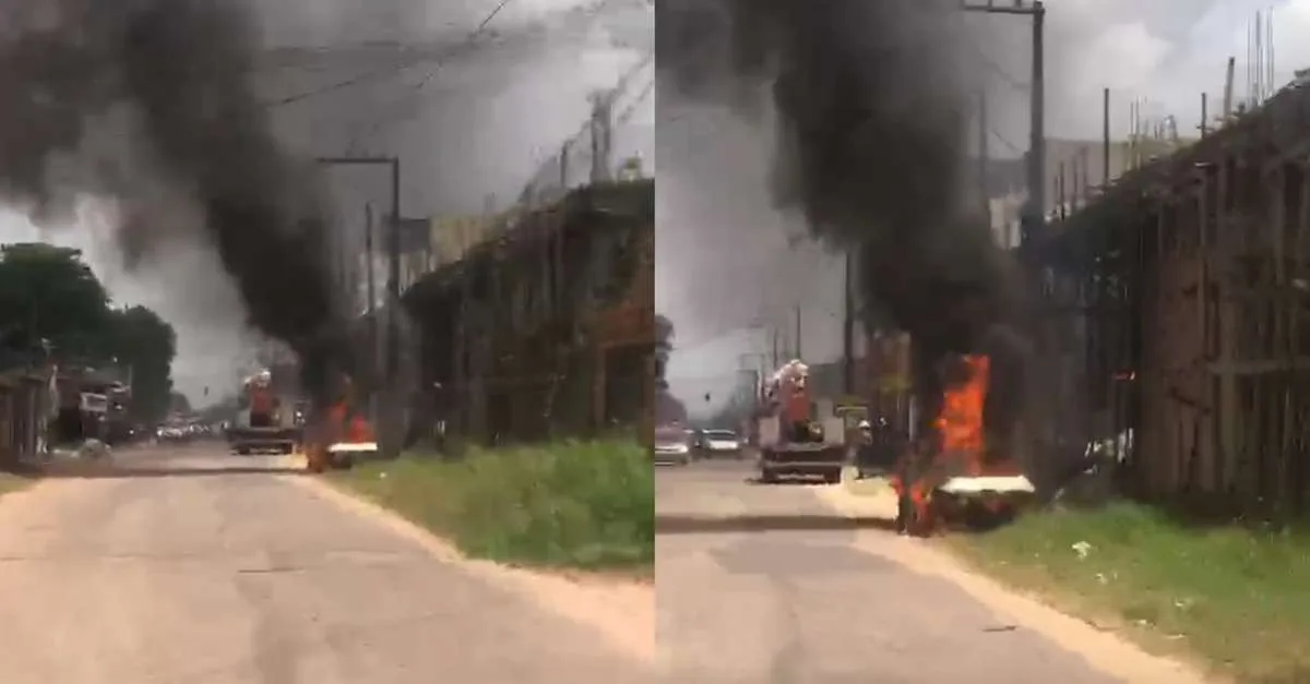 Cabo da rede elétrica cai sobre carro e provoca incêndio em Outeiro