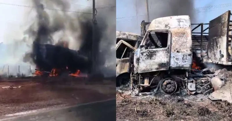 Batida na BR-155 deixa dois motoristas feridos e causa incêndio