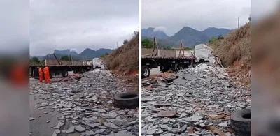 Carreta com chapas de granito tomba e bloqueia a ES-164 no Espírito Santo